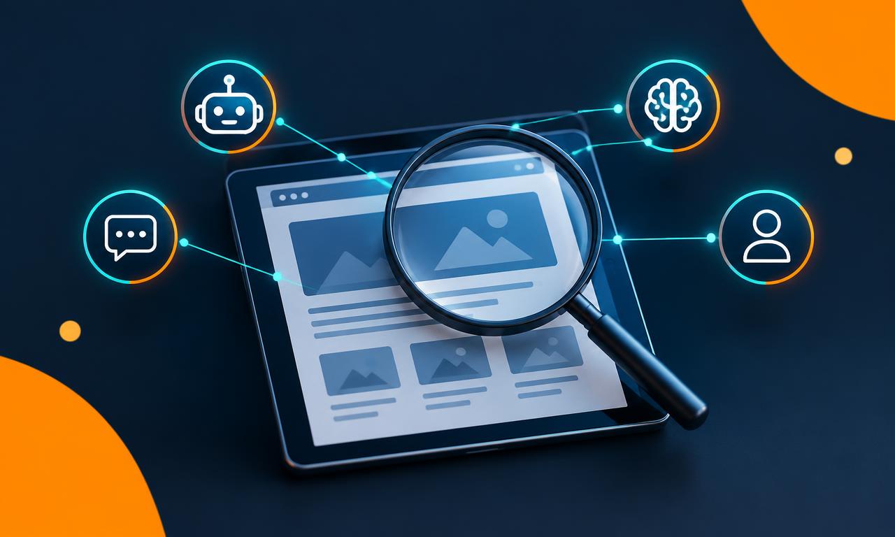 Lupe über einer Website, verbunden mit Symbolen von KI-Assistenten
